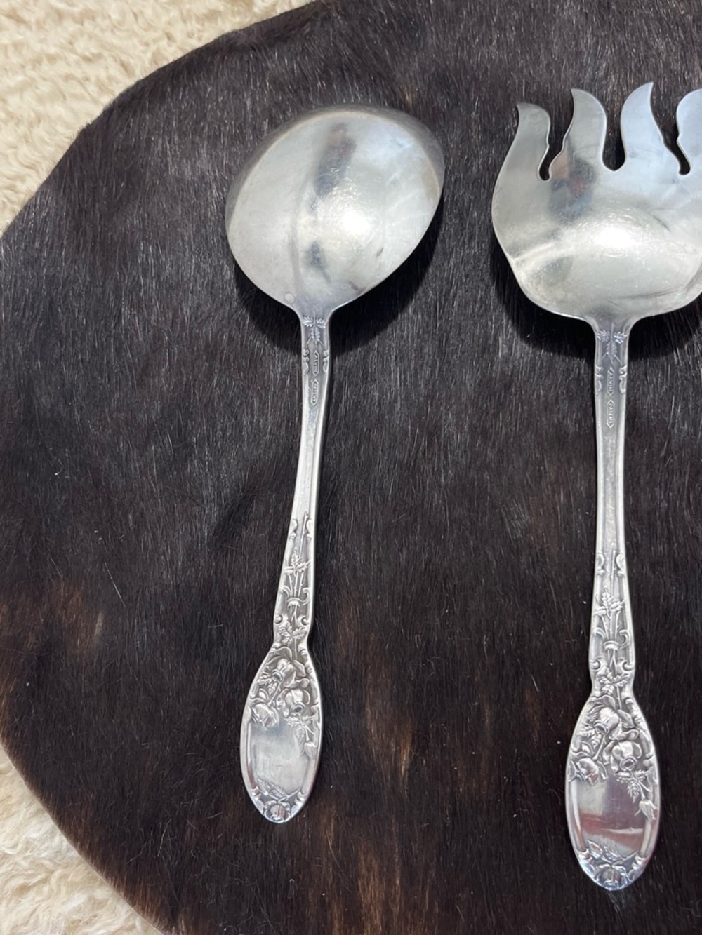 Victorian Vintage Silverplate by Alvin w/Floral Handle Serving Spoon & Fork Set.